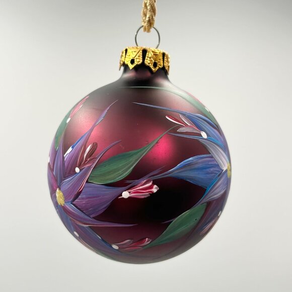 Hand-Painted Glass Christmas Ornament With Colorful Floral Design & Gold-Toned C - Picture 2 of 6